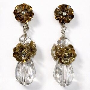 VTG Vendome Topaz Art Glass Crystal Faceted Dangle Drop Earrings Floral Clip-On